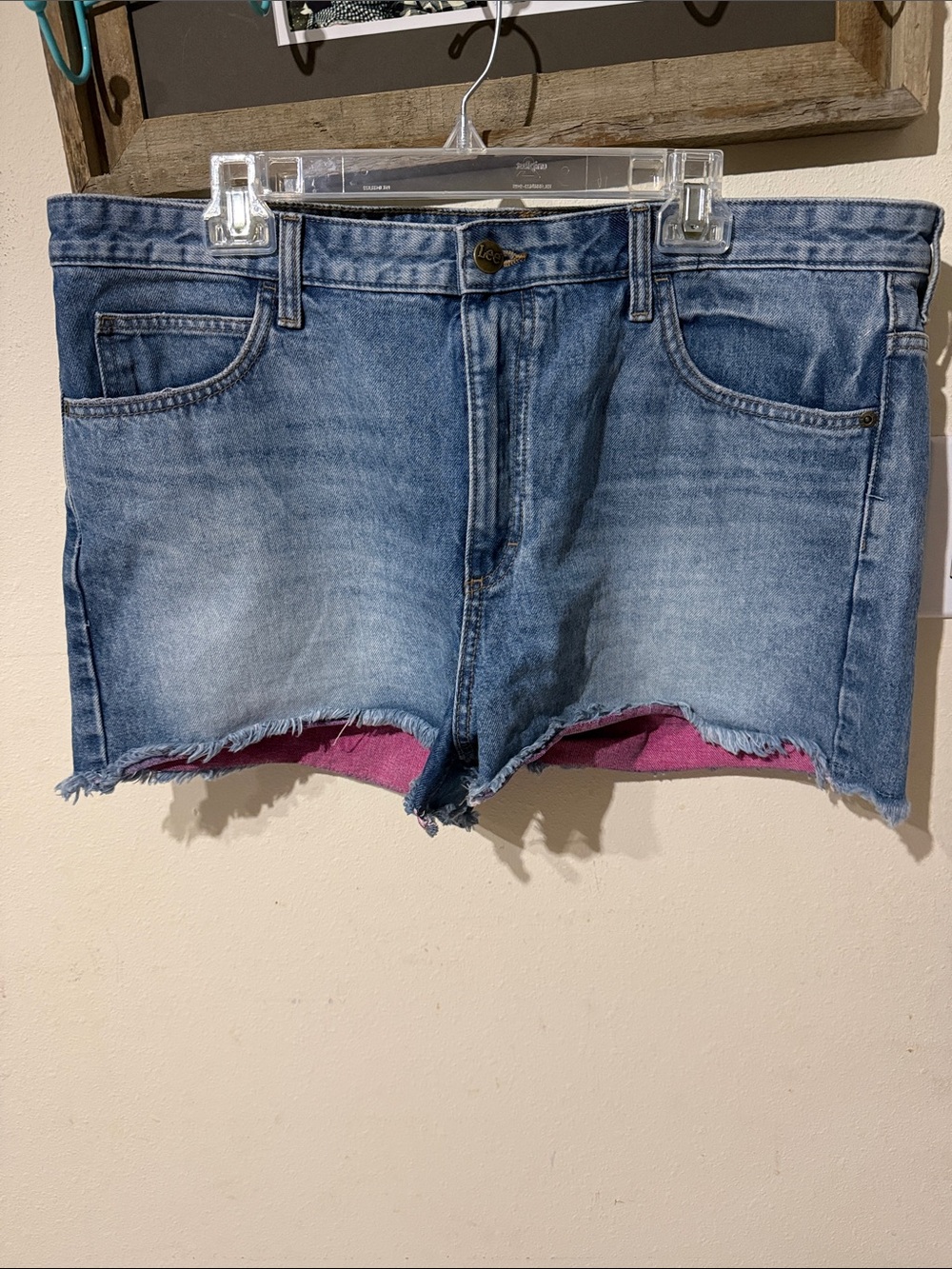 Lee Women's Light Blue Denim Cutoff Shorts with Pink Accent